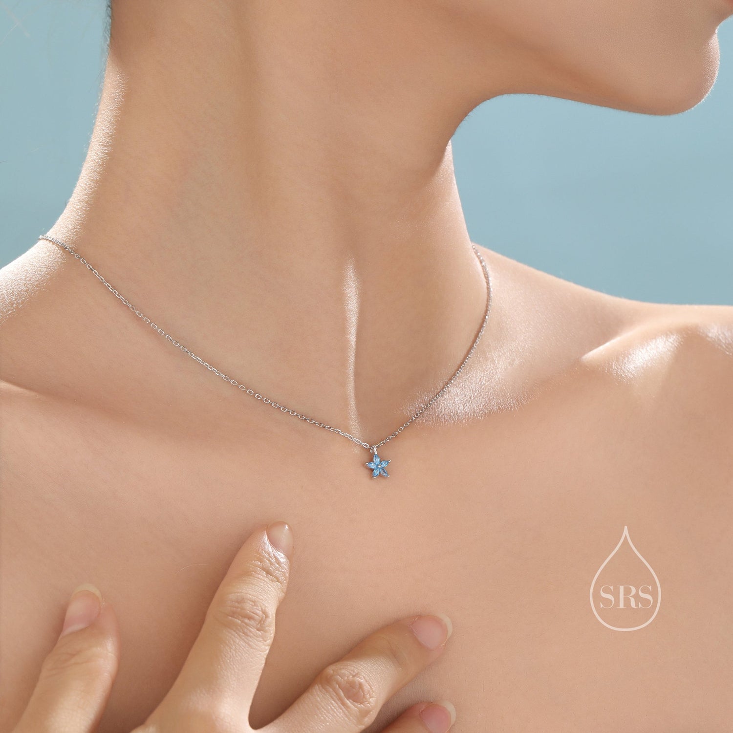 Tiny Aquamarine Blue CZ Flower Necklace in Sterling Silver, Silver or Gold, CZ Flower Necklace, CZ Cluster Floral Necklace