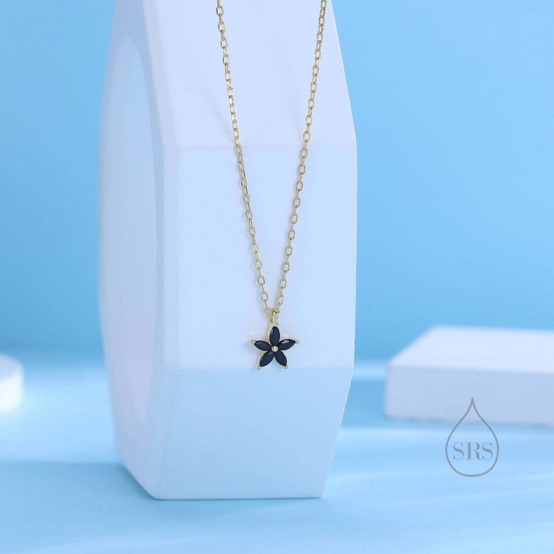 Tiny Black CZ Flower Necklace in Sterling Silver, Silver or Gold, CZ Flower Necklace, CZ Cluster Floral Necklace