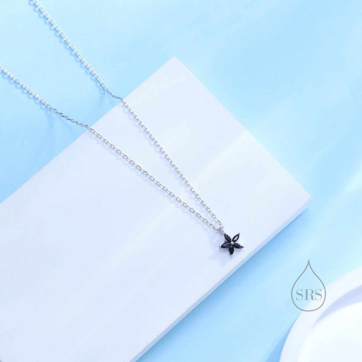 Tiny Black CZ Flower Necklace in Sterling Silver, Silver or Gold, CZ Flower Necklace, CZ Cluster Floral Necklace