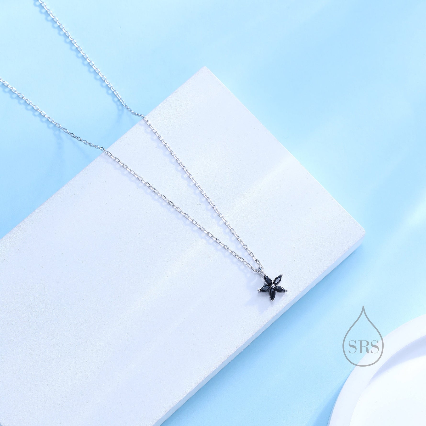 Tiny Black CZ Flower Necklace in Sterling Silver, Silver or Gold, CZ Flower Necklace, CZ Cluster Floral Necklace