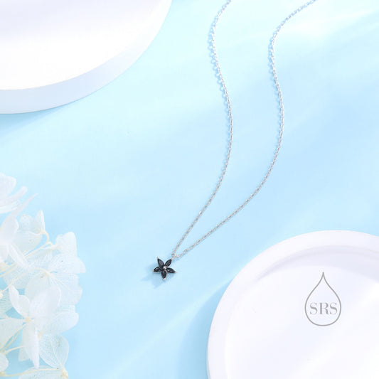 Tiny Black CZ Flower Necklace in Sterling Silver, Silver or Gold, CZ Flower Necklace, CZ Cluster Floral Necklace