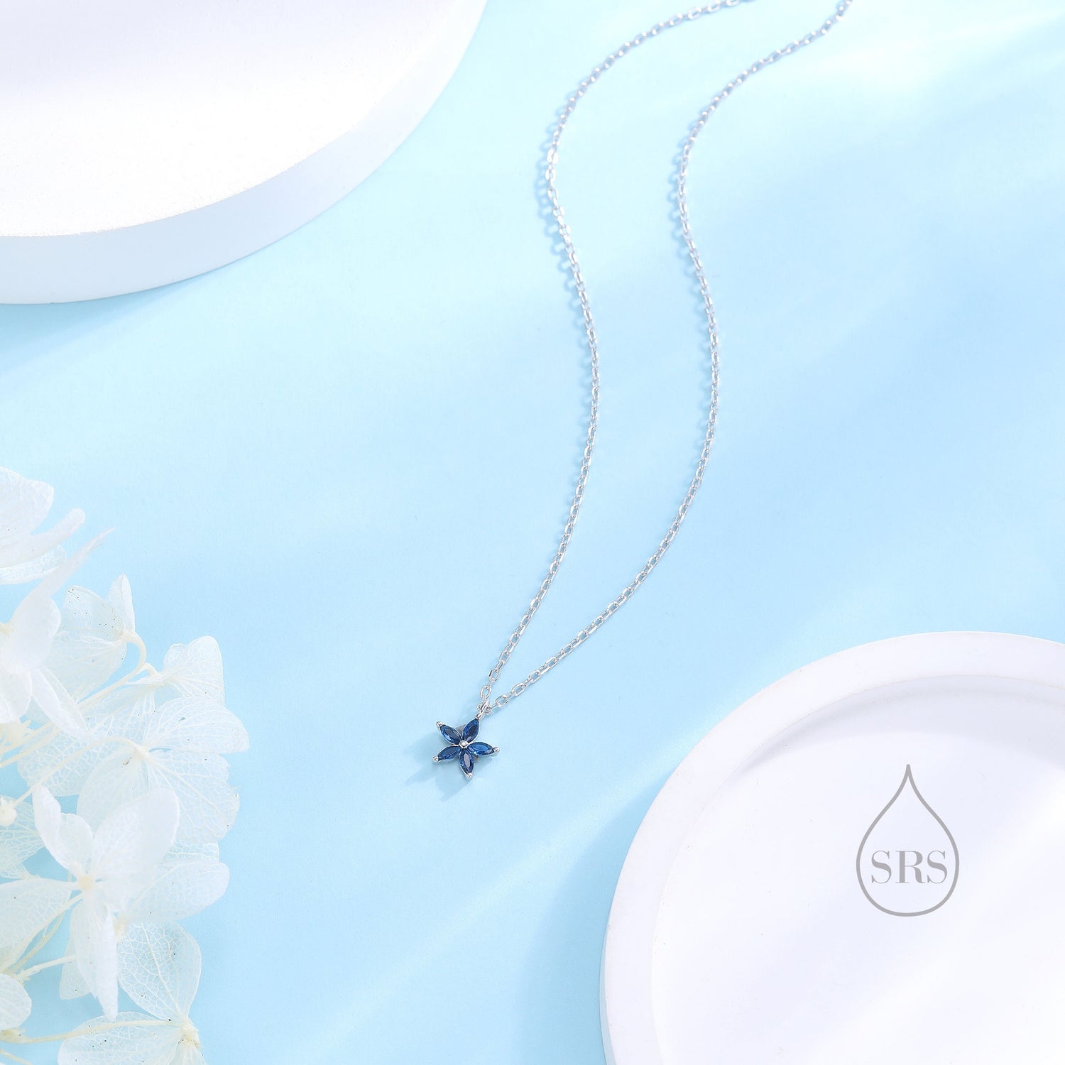 Sapphire Blue CZ Flower Pendant Necklace