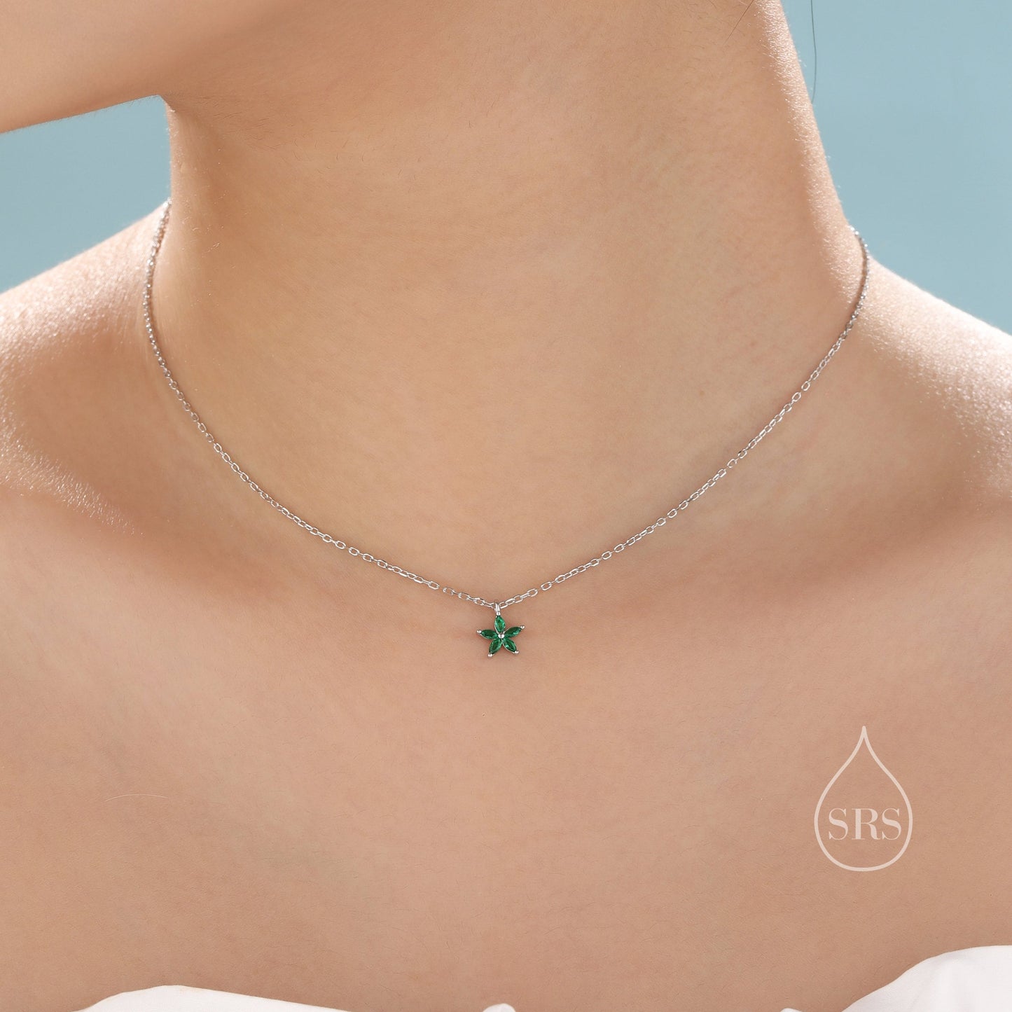 Tiny Emerald Green CZ Flower Necklace in Sterling Silver, Silver or Gold, CZ Flower Necklace, CZ Cluster Floral Necklace