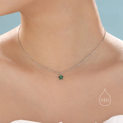 Tiny Emerald Green CZ Flower Necklace in Sterling Silver, Silver or Gold, CZ Flower Necklace, CZ Cluster Floral Necklace