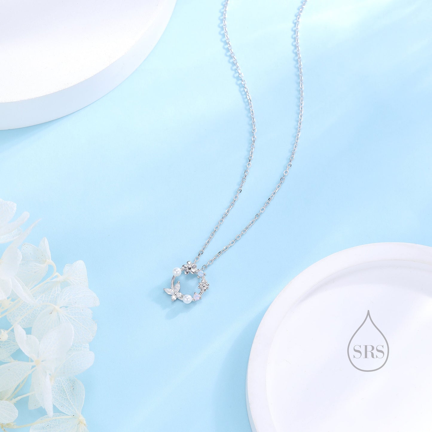 Forget Me Not Flower and Butterfly Wreath Necklace in Sterling Silver, Silver or Gold or Rose Gold, Tiny CZ and Flower Necklace