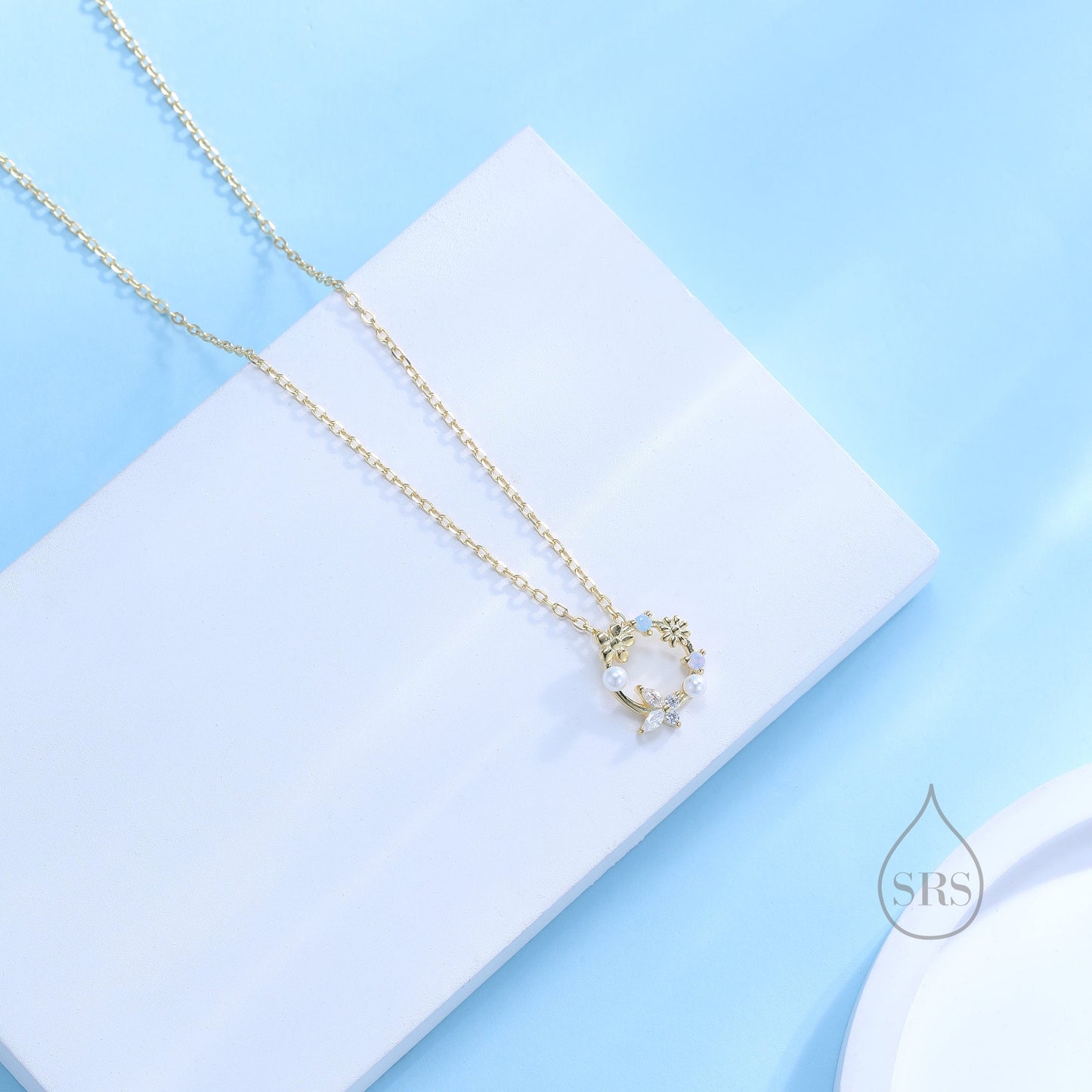 Forget Me Not Flower and Butterfly Wreath Necklace in Sterling Silver, Silver or Gold or Rose Gold, Tiny CZ and Flower Necklace