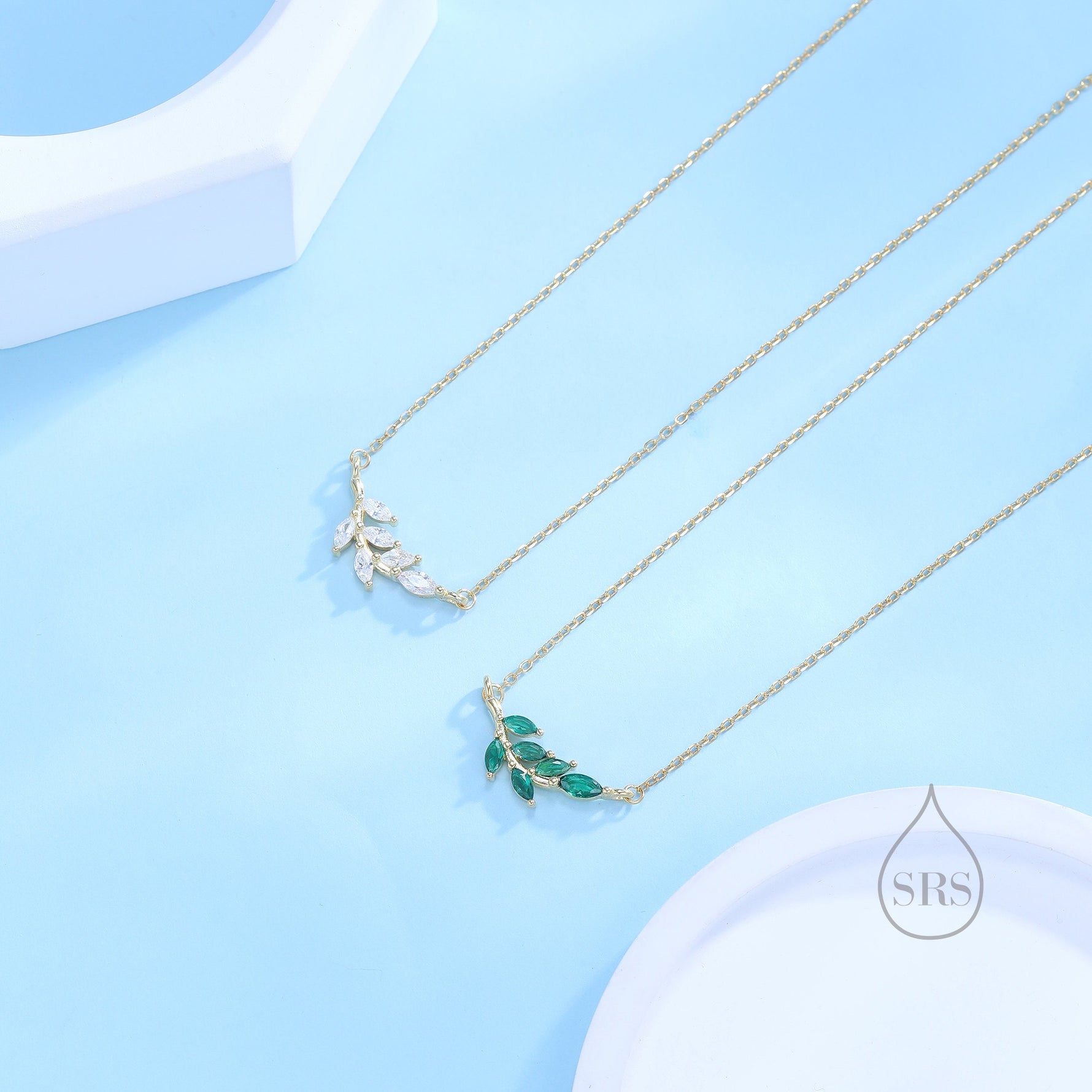Emerald Green CZ Leaf Pendant Necklace in Sterling Silver, Silver or Gold, Olive Leaf Necklace, Olive Branch Necklace, Nature Inspired