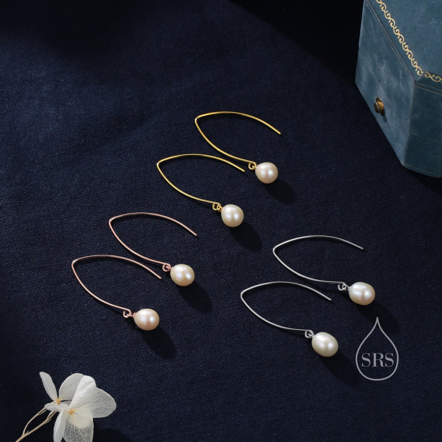 Genuine Freshwater Pearl V Shape Long Drop Hook Earrings in Sterling Silver, Delicate Oval Pearl Earrings, Genuine Pearl Drop Earrings