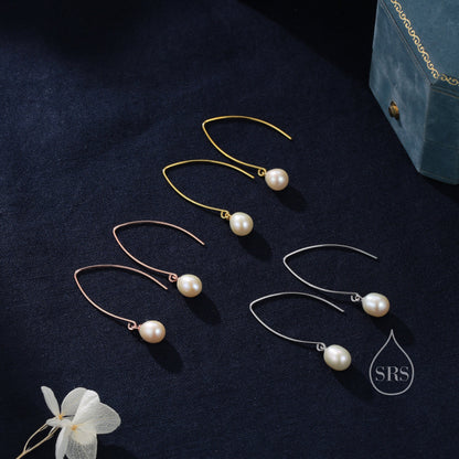 Genuine Freshwater Pearl V Shape Long Drop Hook Earrings in Sterling Silver, Delicate Oval Pearl Earrings, Genuine Pearl Drop Earrings