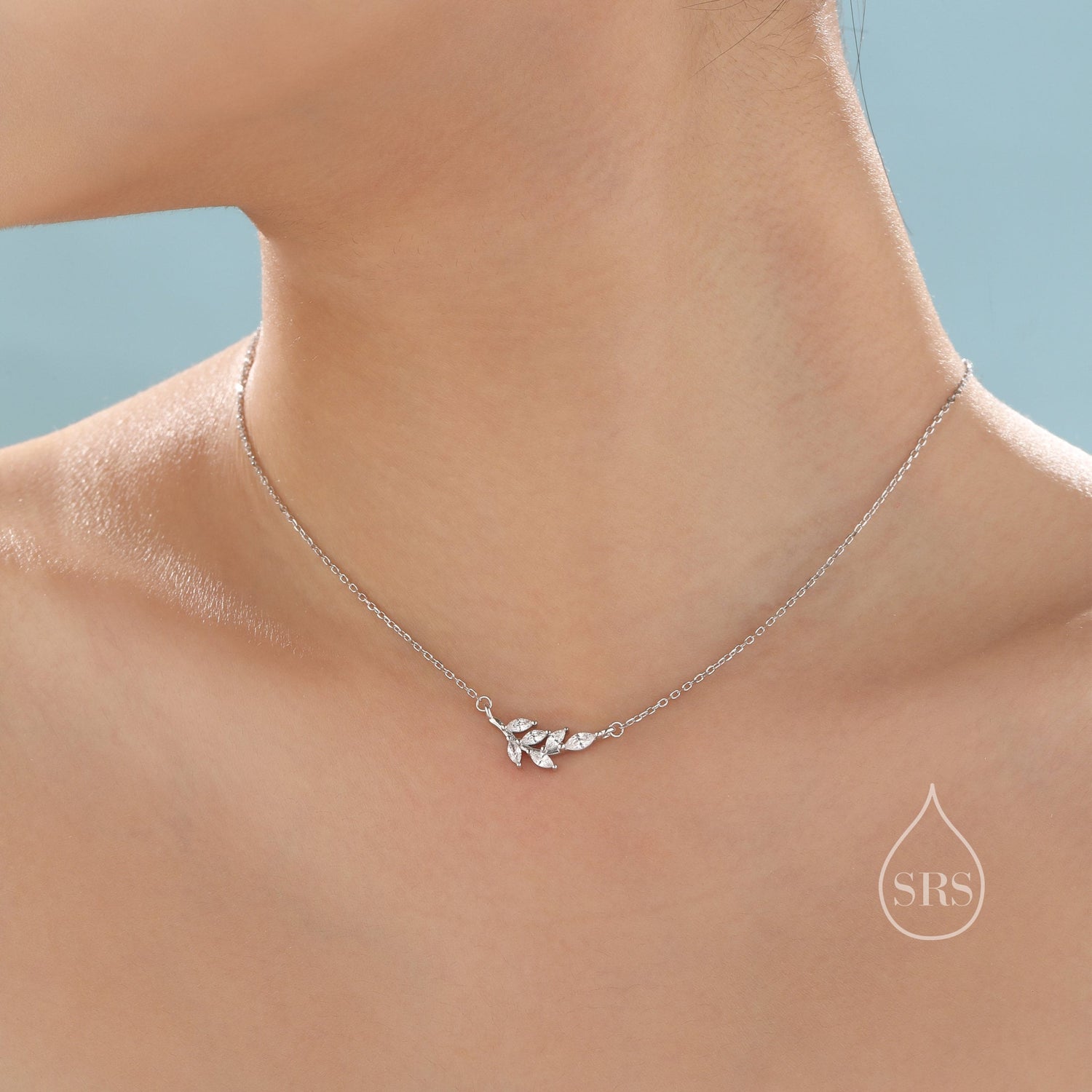 Clear CZ Leaf Pendant Necklace in Sterling Silver, Silver or Gold, Olive Leaf Necklace, Olive Branch Necklace, Nature Inspired