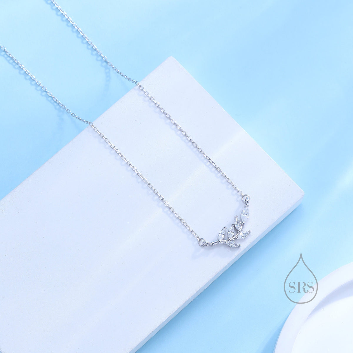 Clear CZ Leaf Pendant Necklace in Sterling Silver, Silver or Gold, Olive Leaf Necklace, Olive Branch Necklace, Nature Inspired
