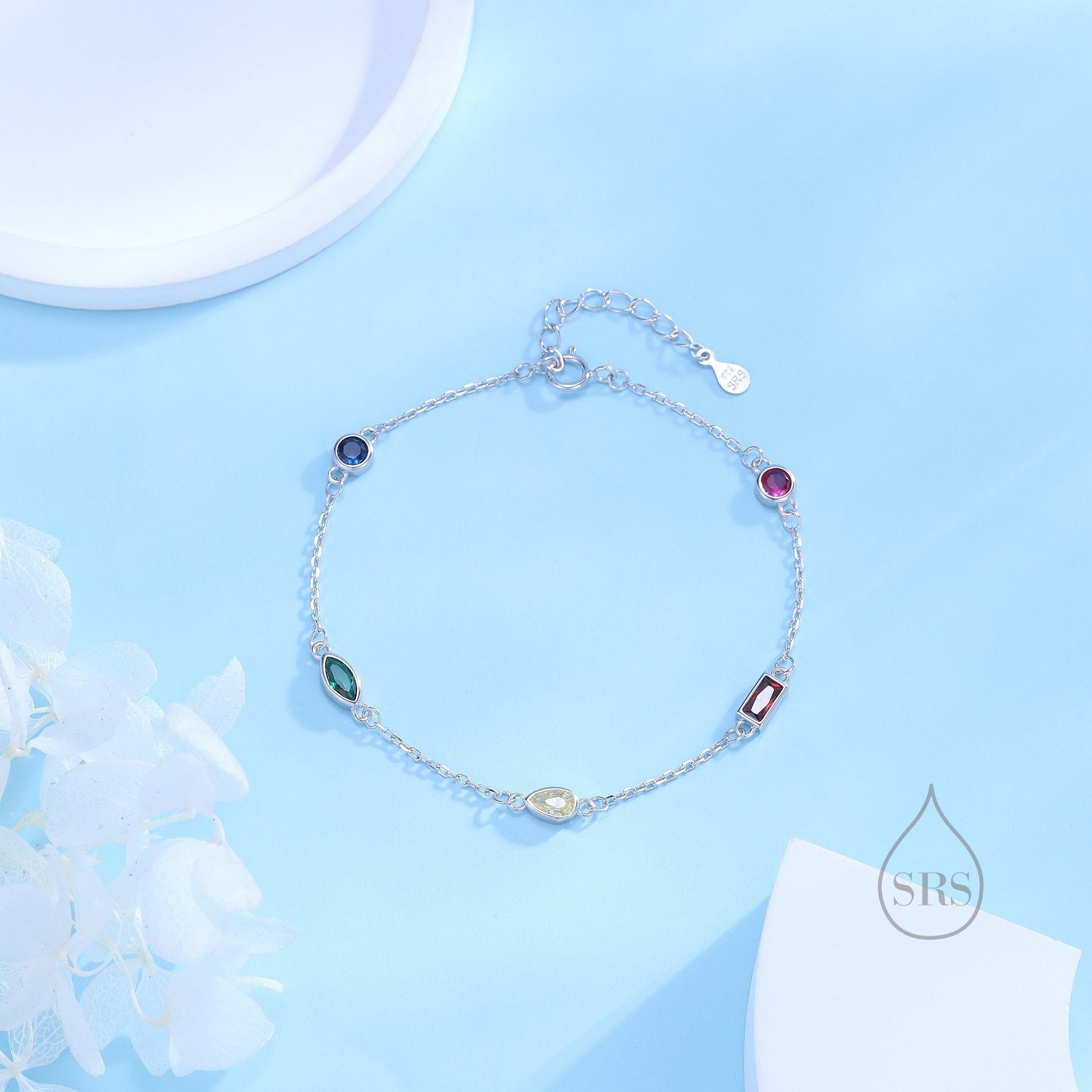 Rainbow CZ Cluster Bracelet in Sterling Silver, Silver or Gold, Silver Rainbow CZ Pear Cut Bracelet, Rainbow CZ Cluster Bracelet