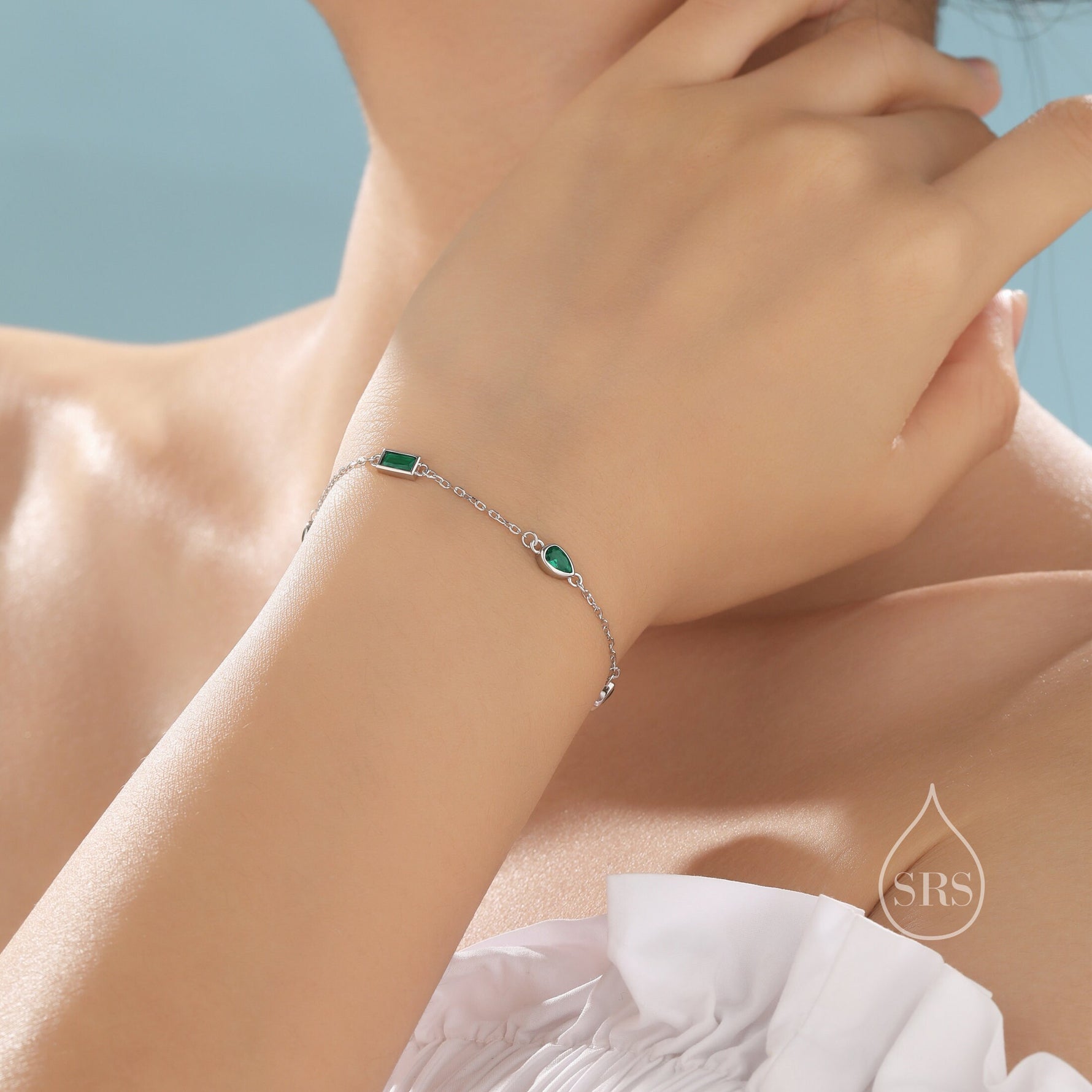Emerald Green CZ Cluster Bracelet in Sterling Silver, Silver or Gold, Silver Green CZ Pear Cut Bracelet, Green CZ Cluster Bracelet