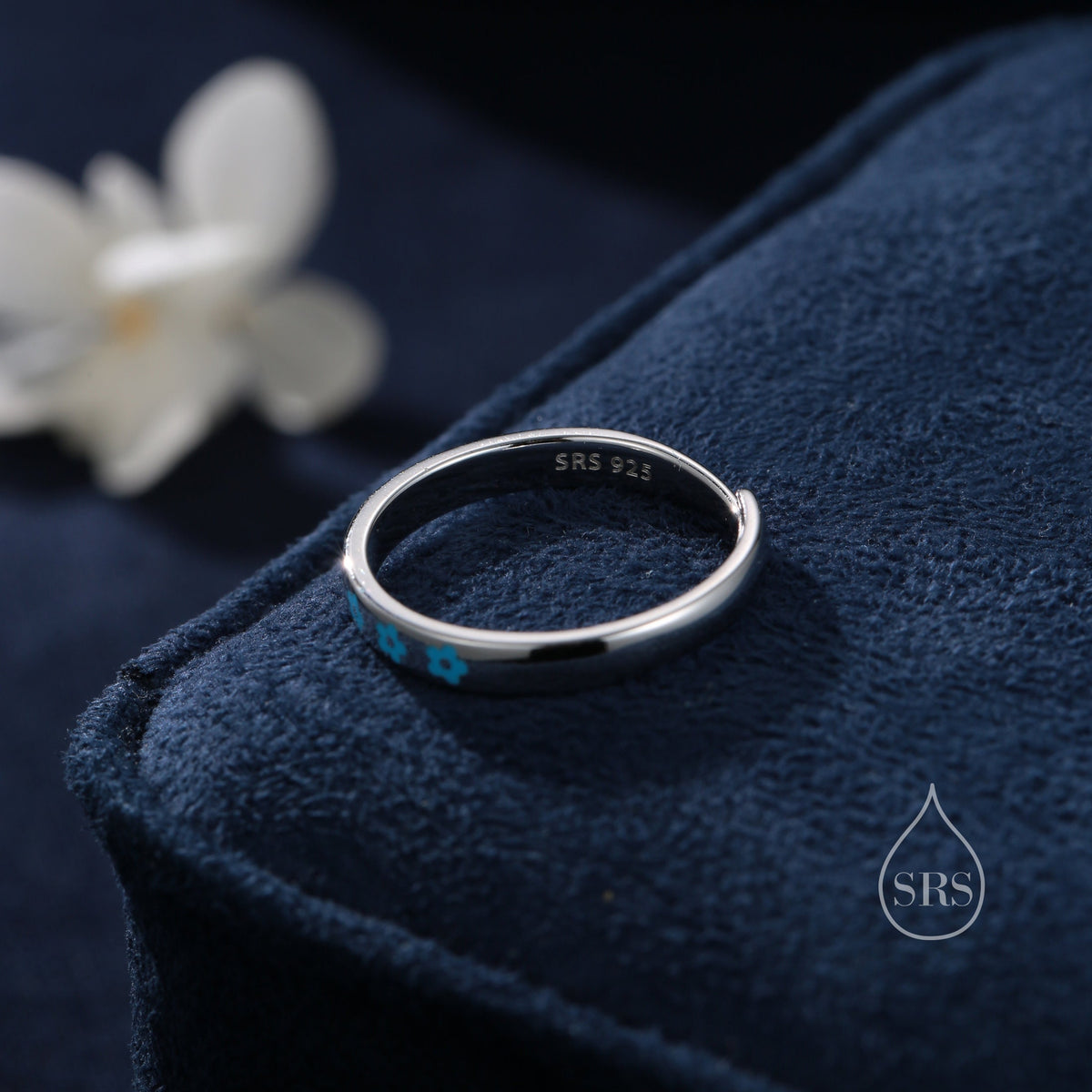 Sterling Silver Cute Forget-me-not Flower Motif Ring, Adjustable Size, Forget me not enamel flower ring, Dainty and Delicate, Flower Ring