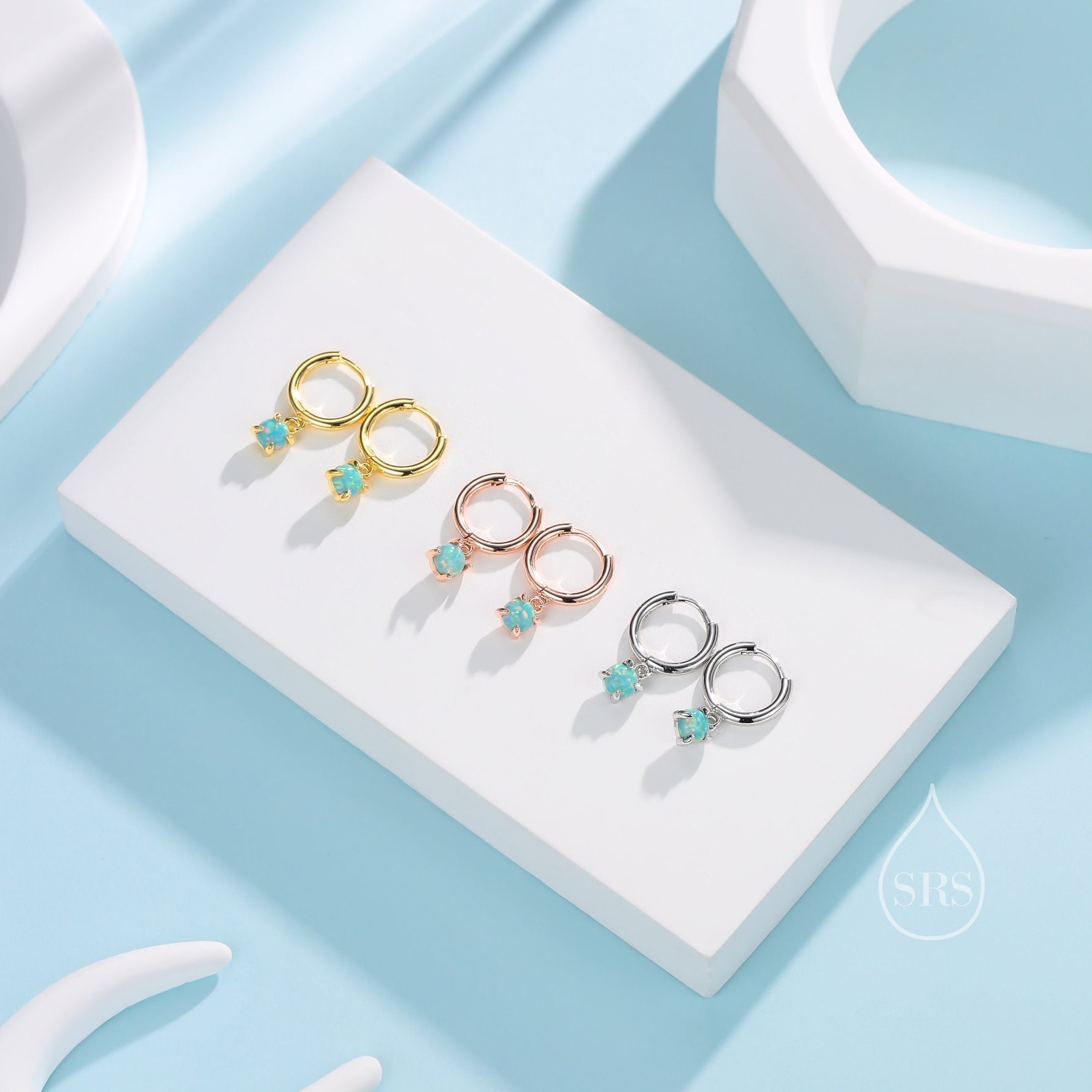 Green Opal Dot Dangle Huggie Hoop Earrings in Sterling Silver, 4mm Tiny Opal Prong Set Hoops, Opal Hoops, Fire Opal Hoops