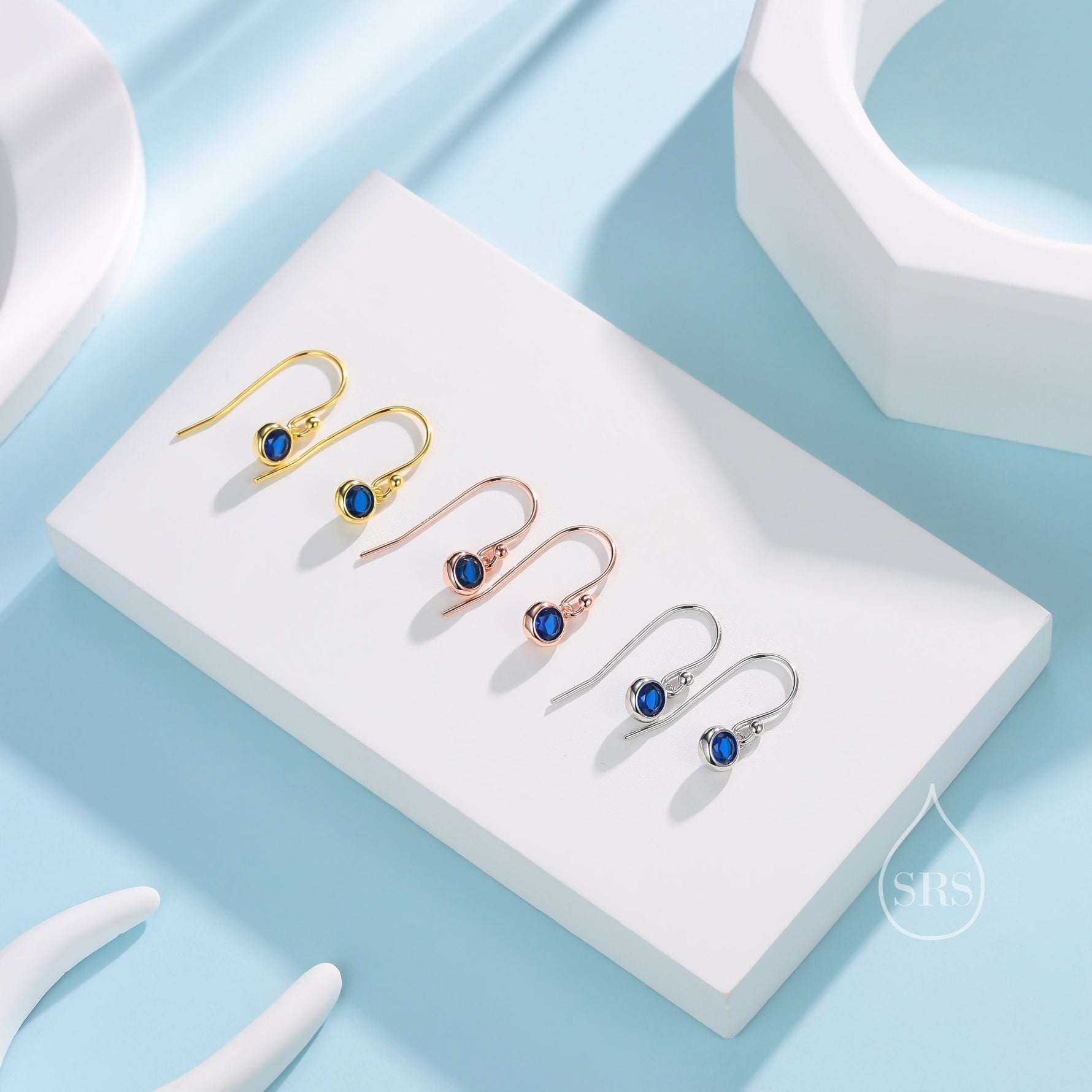 Tiny Sapphire Blue CZ Drop Earrings in Sterling Silver, Cubic Zirconia Hook Earrings, Silver, Gold or Rose Gold, Minimal Earrings
