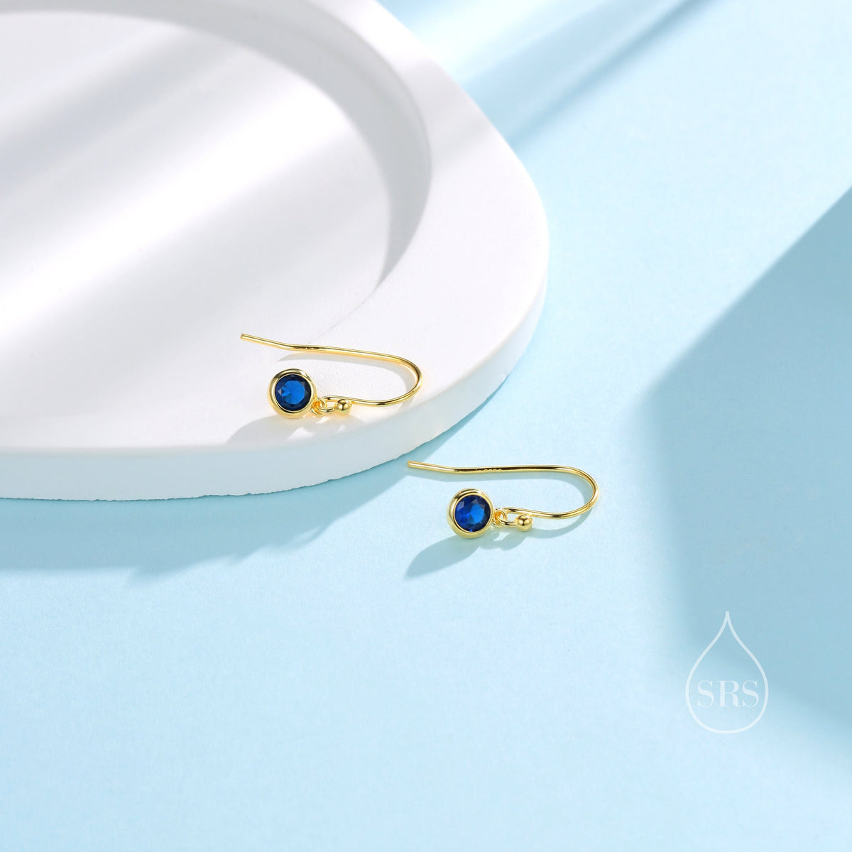 Tiny Sapphire Blue CZ Drop Earrings in Sterling Silver, Cubic Zirconia Hook Earrings, Silver, Gold or Rose Gold, Minimal Earrings