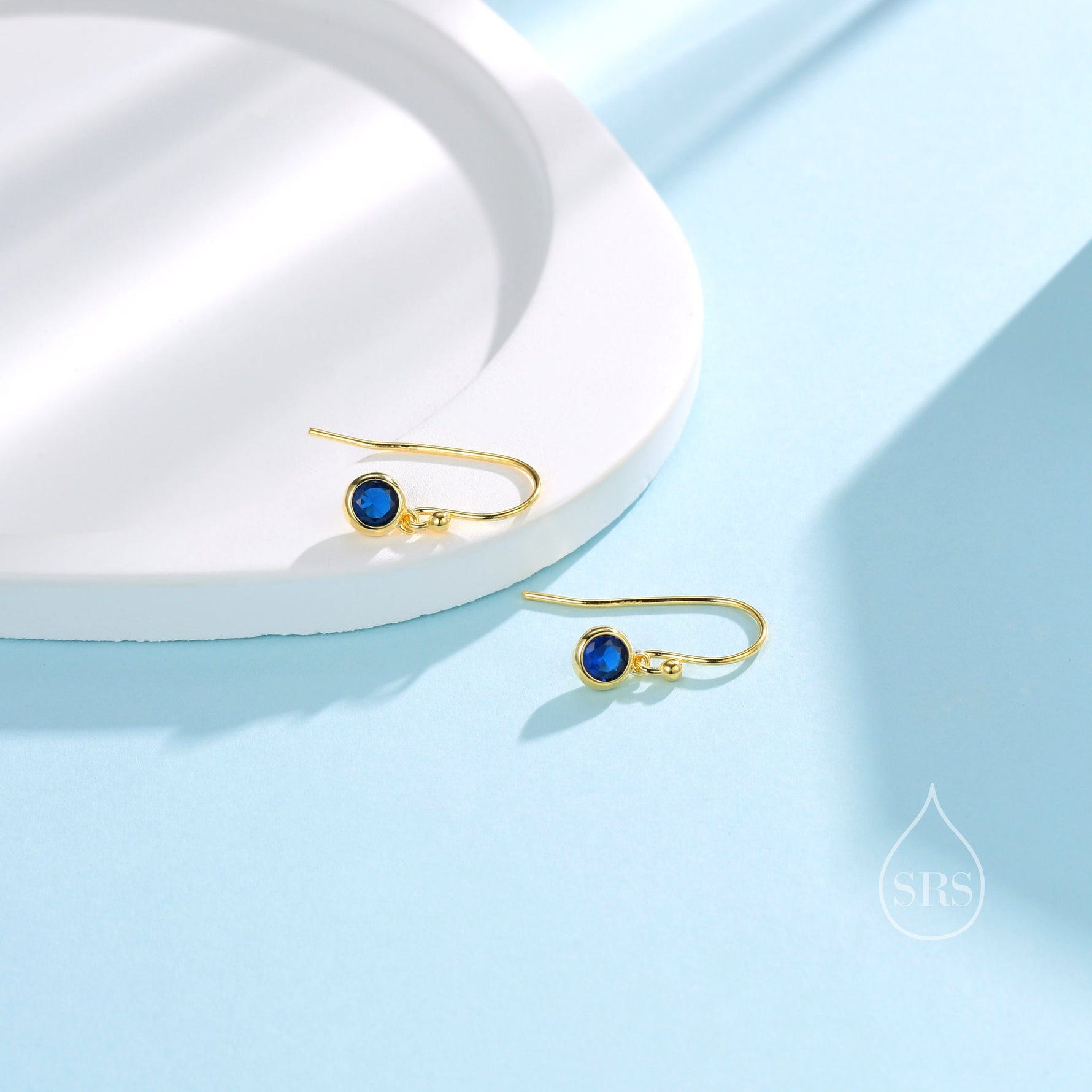 Tiny Sapphire Blue CZ Drop Earrings in Sterling Silver, Cubic Zirconia Hook Earrings, Silver, Gold or Rose Gold, Minimal Earrings