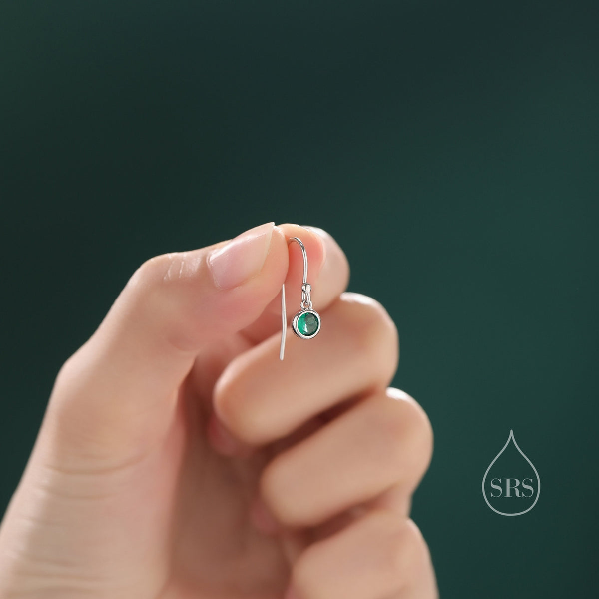 Tiny Emerald Green CZ Drop Earrings in Sterling Silver, Cubic Zirconia Hook Earrings, Silver, Gold or Rose Gold, Minimal Earrings