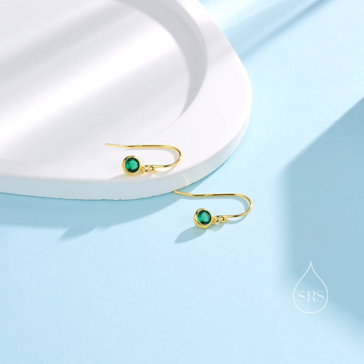 Tiny Emerald Green CZ Drop Earrings in Sterling Silver, Cubic Zirconia Hook Earrings, Silver, Gold or Rose Gold, Minimal Earrings