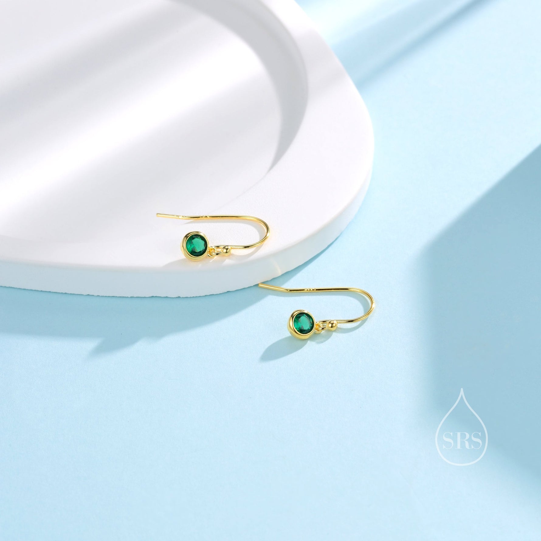 Tiny Emerald Green CZ Drop Earrings in Sterling Silver, Cubic Zirconia Hook Earrings, Silver, Gold or Rose Gold, Minimal Earrings