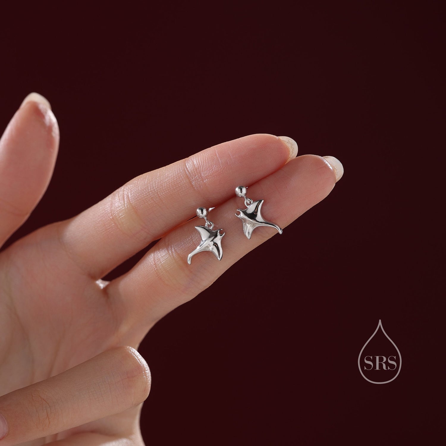 Sterling Silver Manta Ray Fish Drop Stud Earrings, Silver, or Gold or Rose Gold, Stingray Dangle Stud Earrings, Dainty Fish Dangle Earrings