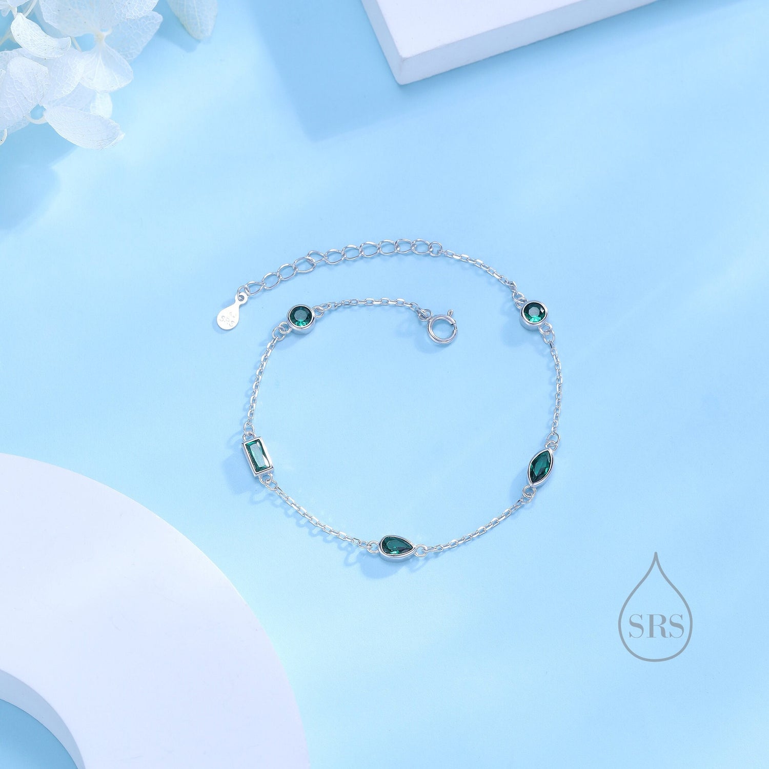 Emerald Green CZ Cluster Bracelet in Sterling Silver, Silver or Gold, Silver Green CZ Pear Cut Bracelet, Green CZ Cluster Bracelet