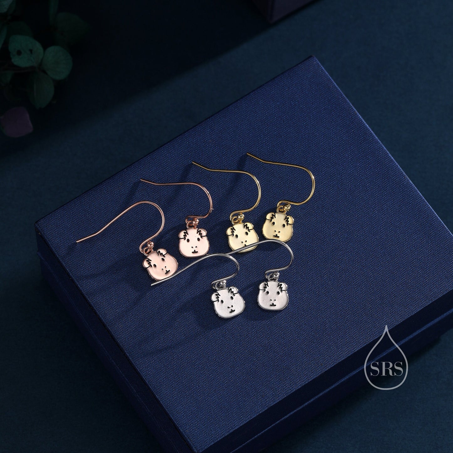 Guinea Pig Drop Hook Earrings in Sterling Silver, Silver Gold or Rose Gold, Guinea Pig Earrings, Pet Earrings, Guinea Pig Earrings