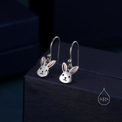 Bunny Head Drop Hook Earrings in Sterling Silver with Partial Rose Gold Coating, Sterling Silver Rabbit Earrings, Nature Inspired