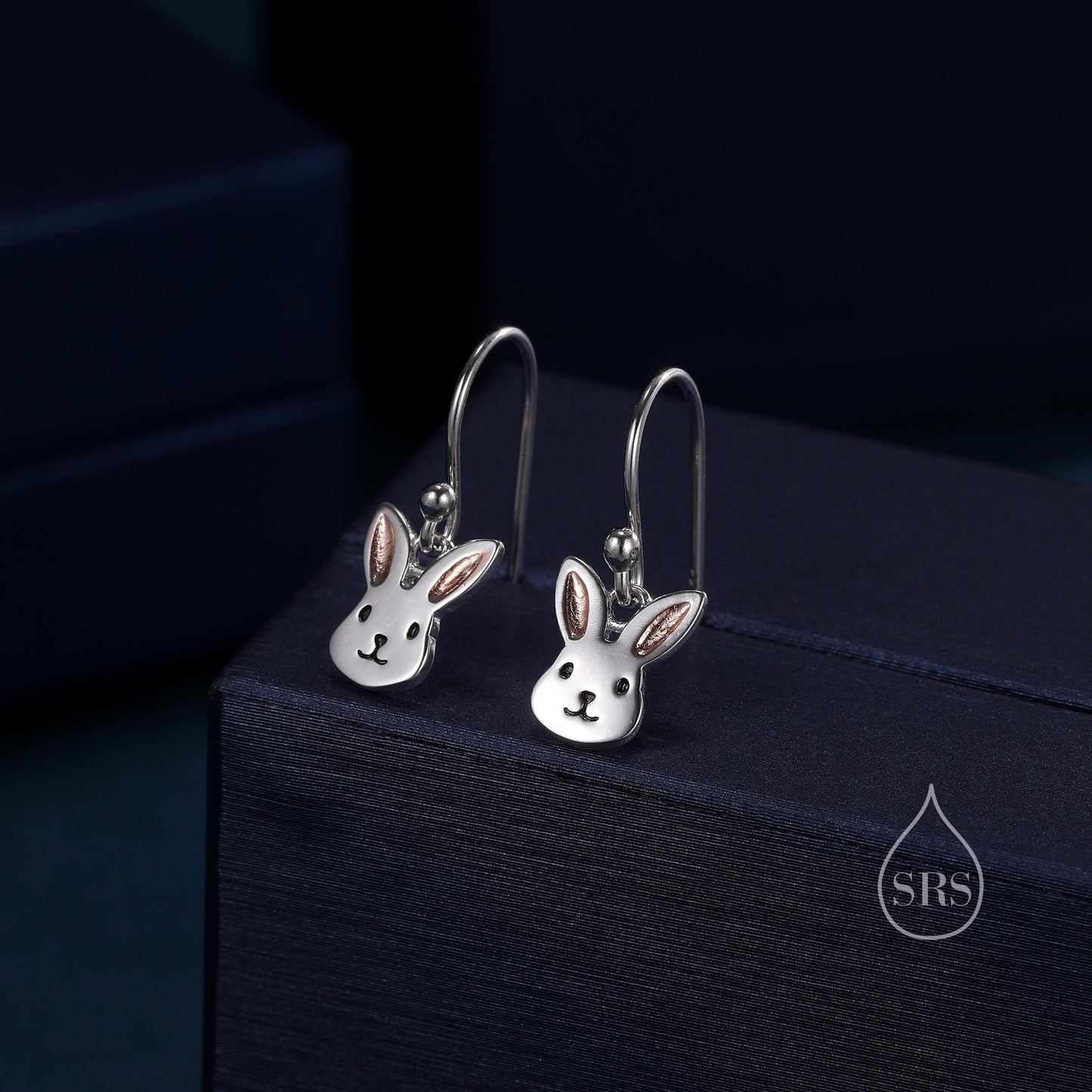 Bunny Head Drop Hook Earrings in Sterling Silver with Partial Rose Gold Coating, Sterling Silver Rabbit  Earrings, Nature Inspired
