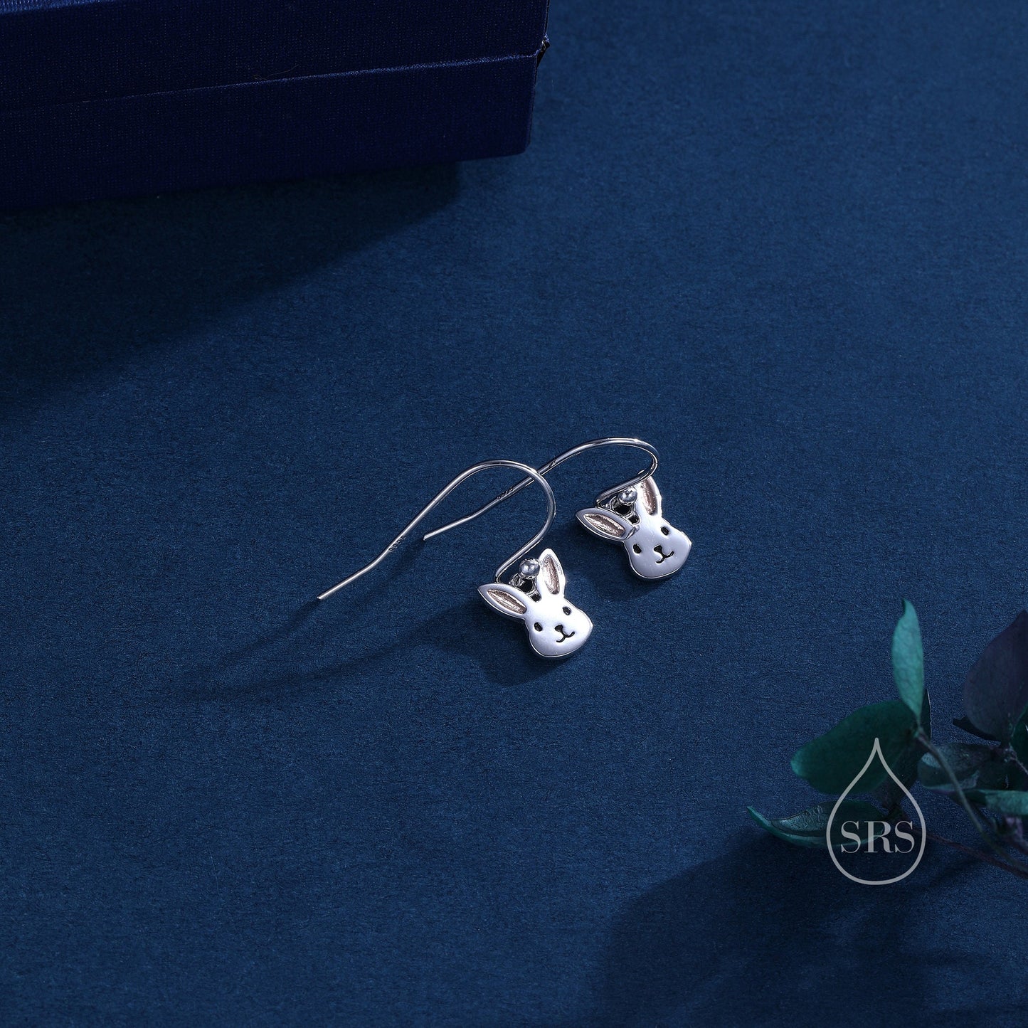 Bunny Head Drop Hook Earrings in Sterling Silver with Partial Rose Gold Coating, Sterling Silver Rabbit Earrings, Nature Inspired