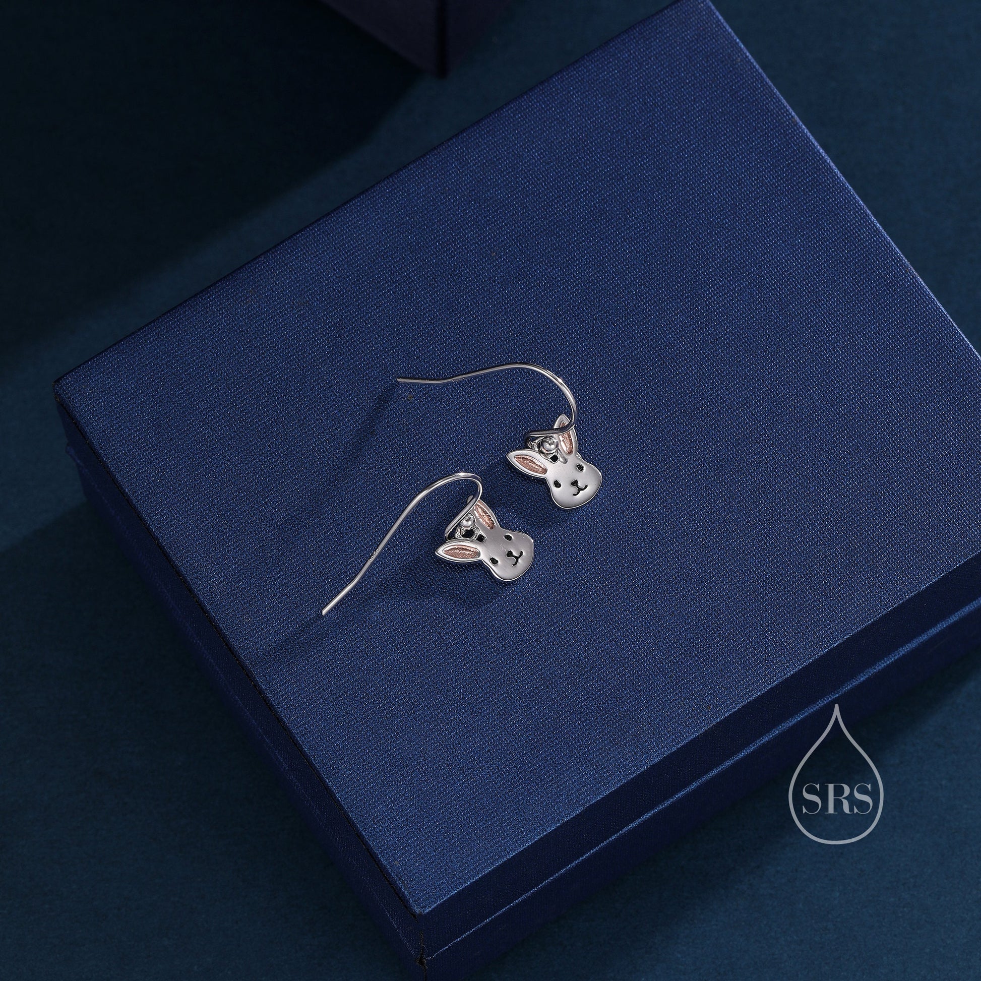 Bunny Head Drop Hook Earrings in Sterling Silver with Partial Rose Gold Coating, Sterling Silver Rabbit Earrings, Nature Inspired
