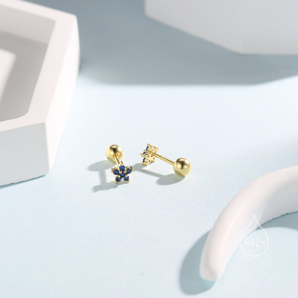 Sapphire Blue Flower CZ Screw Back Earrings in Sterling Silver, Forget Me Not Floral CZ Earrings, Silver or Gold, Flower CZ Earrings