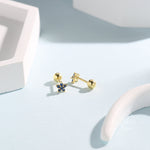 Sapphire Blue Flower CZ Screw Back Earrings in Sterling Silver, Forget Me Not Floral CZ Earrings, Silver or Gold, Flower CZ Earrings