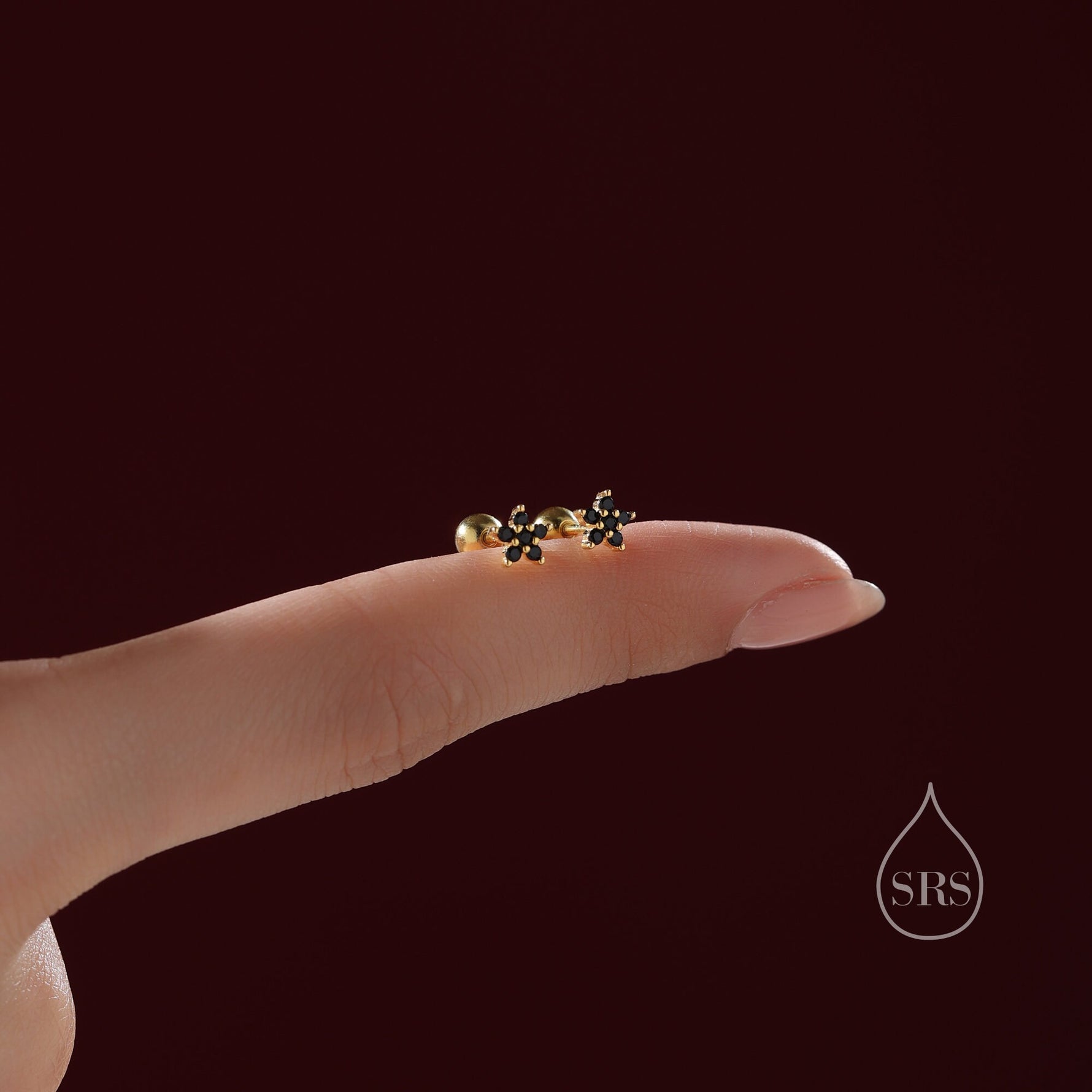 Black CZ Flower Screw Back Earrings in Sterling Silver, Forget Me Not Floral CZ Earrings, Silver or Gold, Flower CZ Earrings