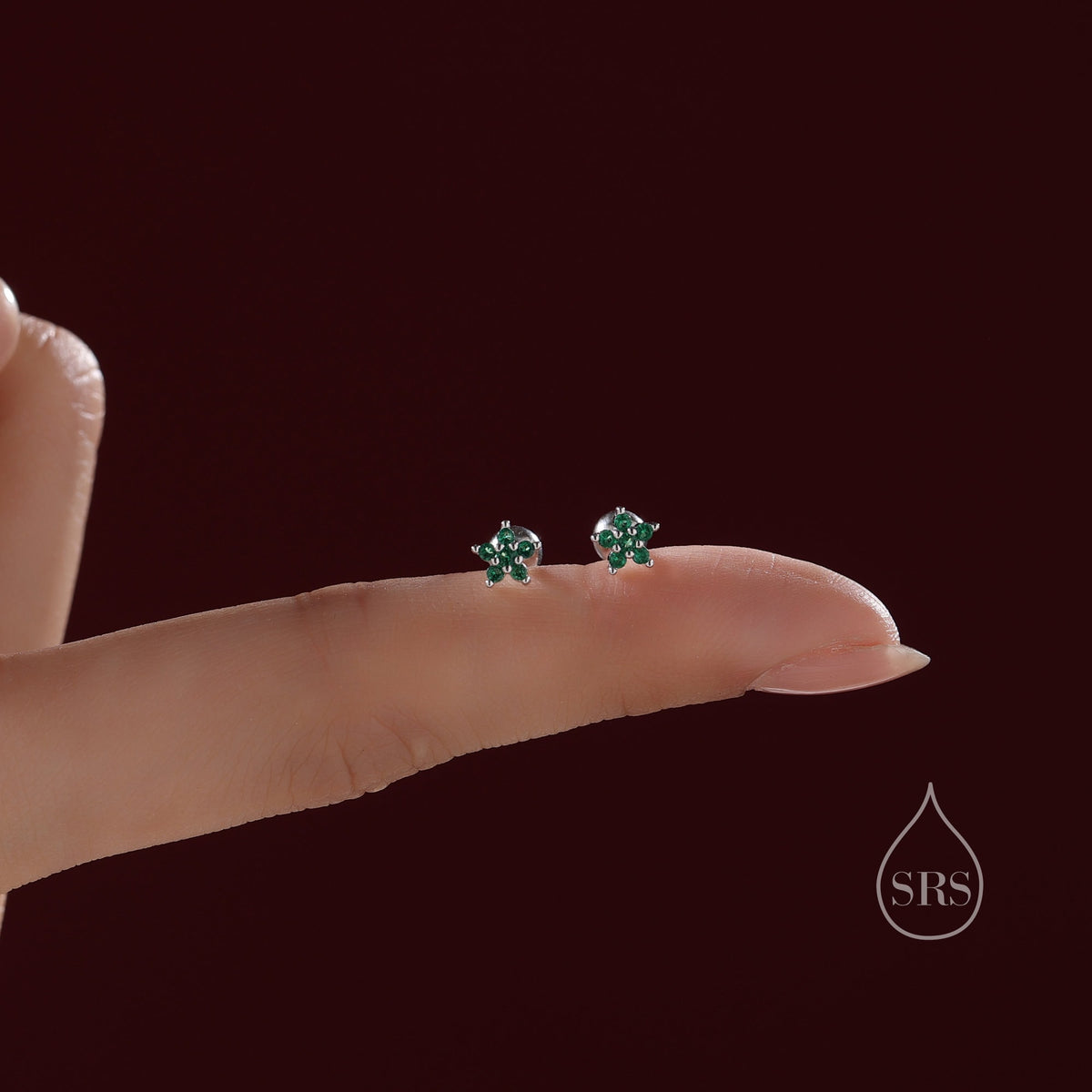 Emerald Green Flower CZ Screw Back Earrings in Sterling Silver, Forget Me Not Floral CZ Earrings, Silver or Gold, Flower CZ Earrings