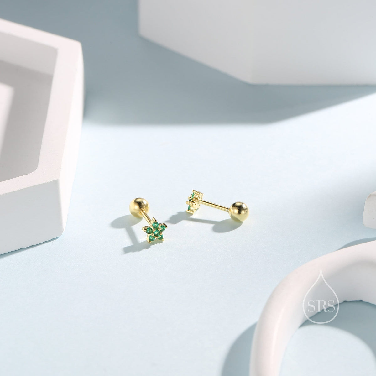 Emerald Green Flower CZ Screw Back Earrings in Sterling Silver, Forget Me Not Floral CZ Earrings, Silver or Gold, Flower CZ Earrings