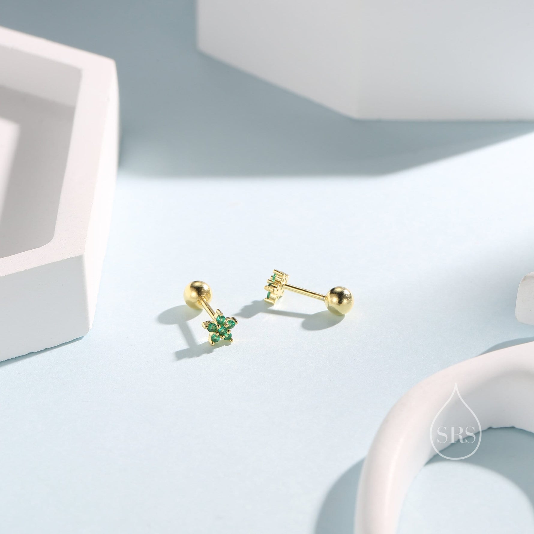 Emerald Green Flower CZ Screw Back Earrings in Sterling Silver, Forget Me Not Floral CZ Earrings, Silver or Gold, Flower CZ Earrings