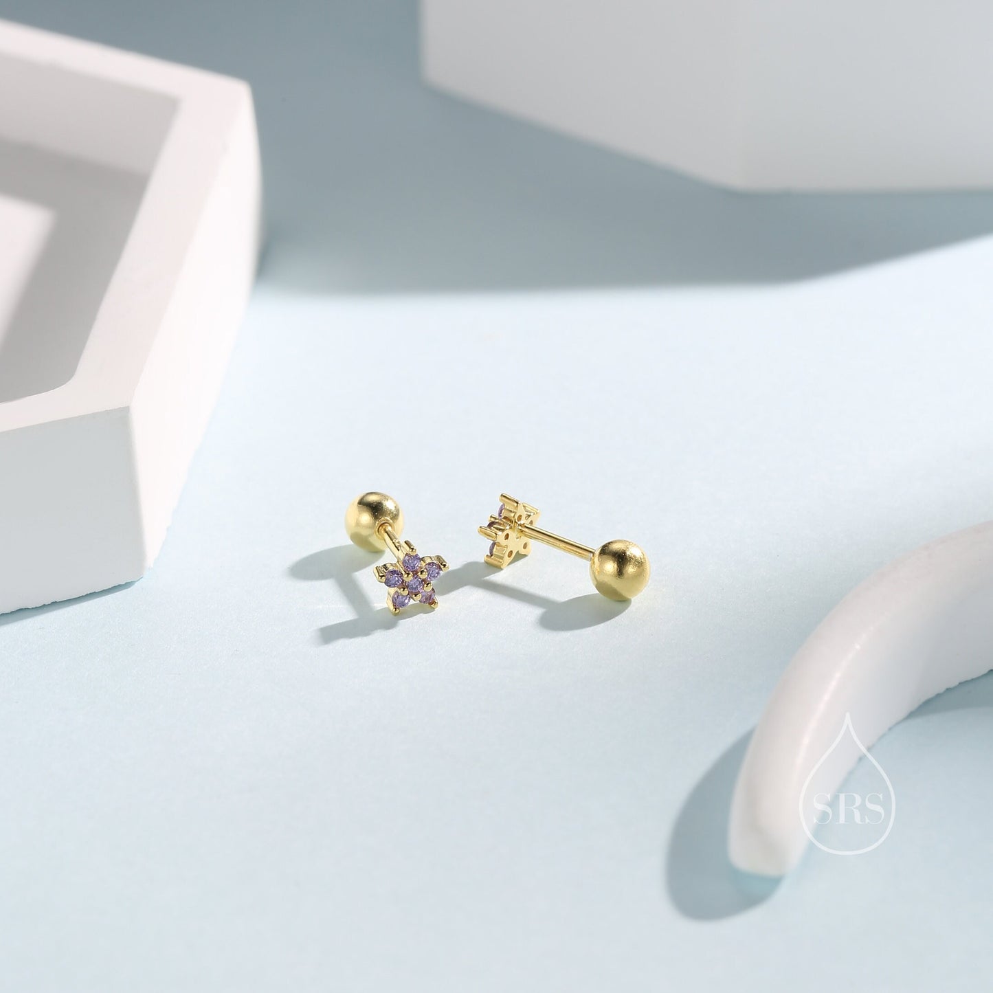 Amethyst Purple Flower CZ Screw Back Earrings in Sterling Silver, Forget Me Not Floral CZ Earrings, Silver or Gold, Flower CZ Earrings