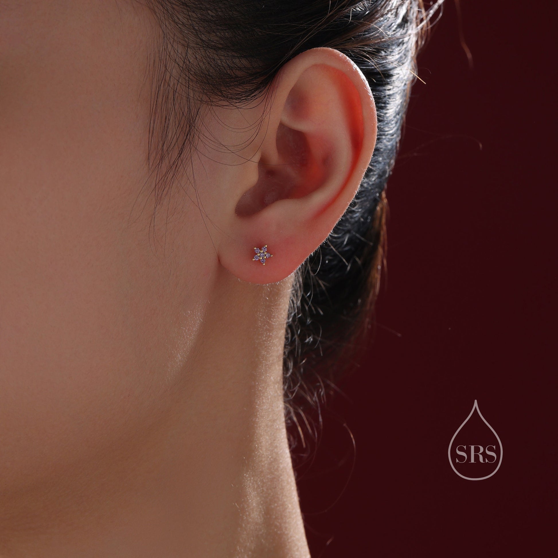 Amethyst Purple Flower CZ Screw Back Earrings in Sterling Silver, Forget Me Not Floral CZ Earrings, Silver or Gold, Flower CZ Earrings