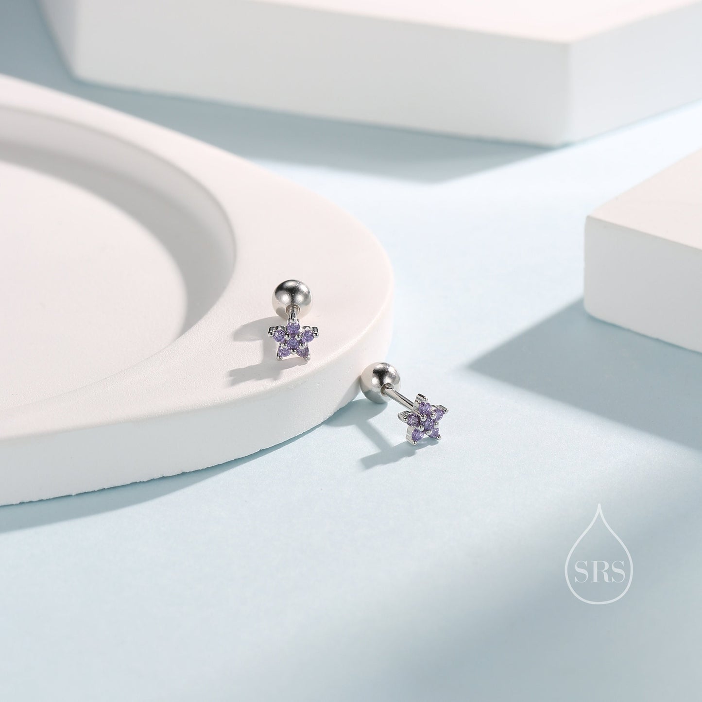 Amethyst Purple Flower CZ Screw Back Earrings in Sterling Silver, Forget Me Not Floral CZ Earrings, Silver or Gold, Flower CZ Earrings