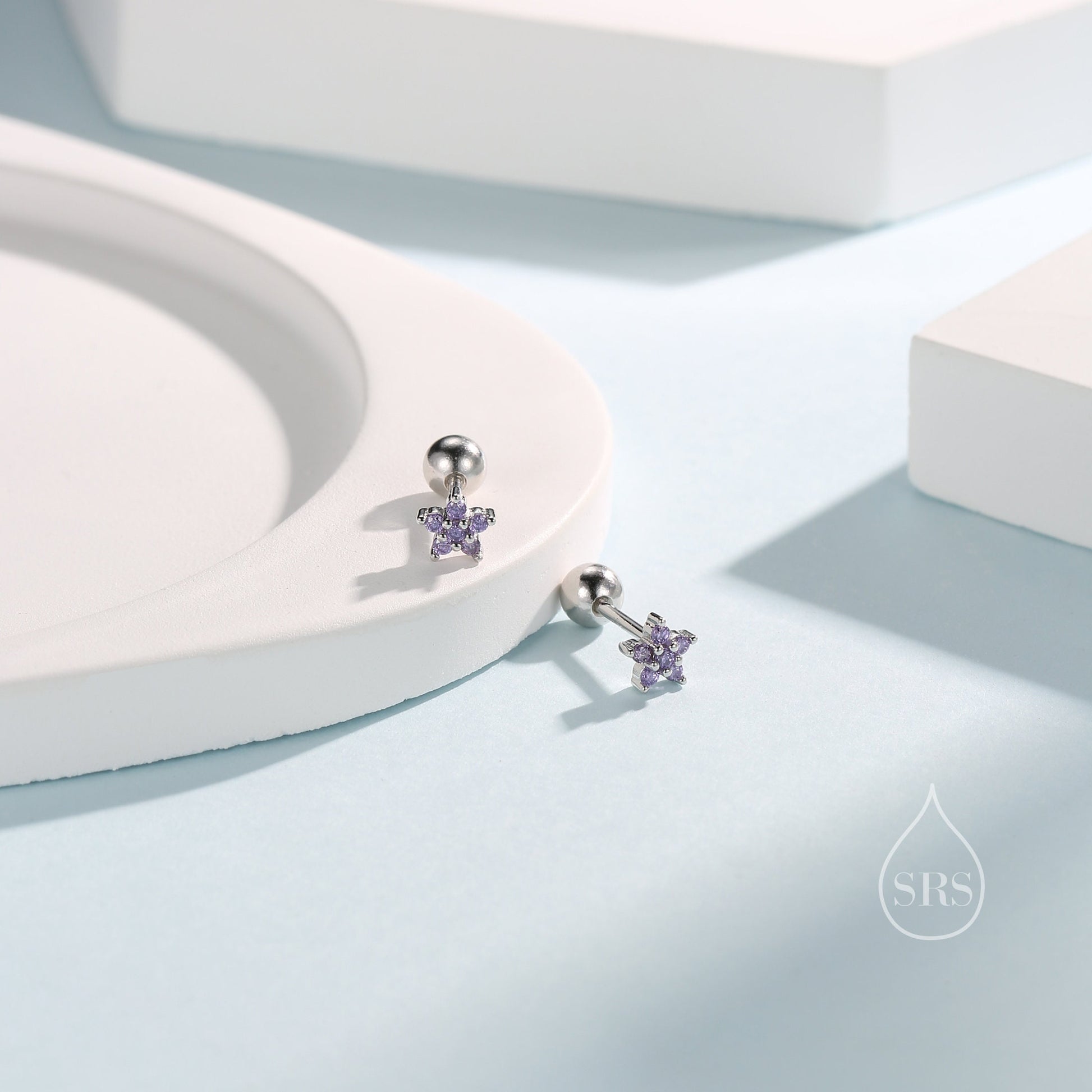 Amethyst Purple Flower CZ Screw Back Earrings in Sterling Silver, Forget Me Not Floral CZ Earrings, Silver or Gold, Flower CZ Earrings