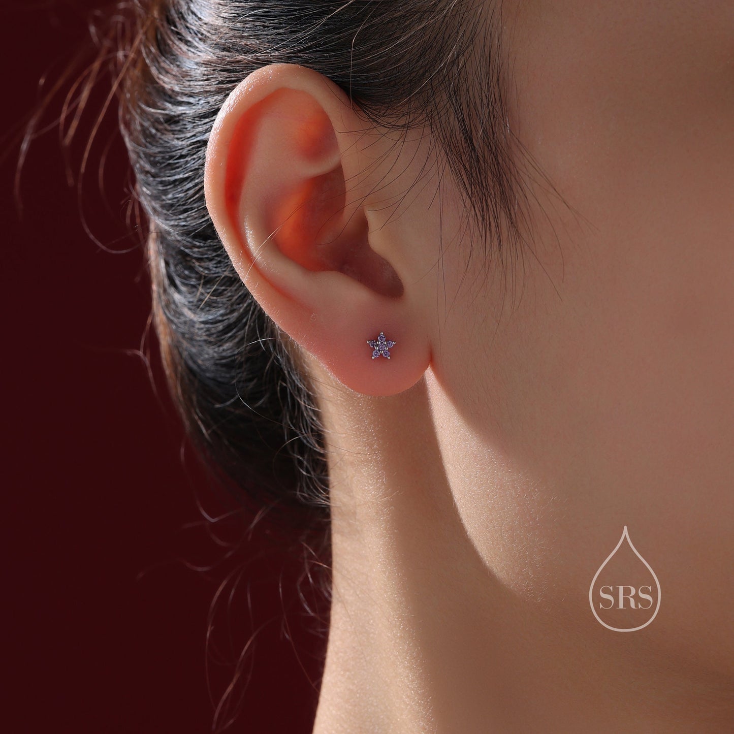 Amethyst Purple Flower CZ Screw Back Earrings in Sterling Silver, Forget Me Not Floral CZ Earrings, Silver or Gold, Flower CZ Earrings