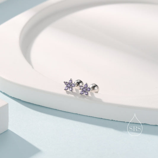 Amethyst Purple Flower CZ Screw Back Earrings in Sterling Silver, Forget Me Not Floral CZ Earrings, Silver or Gold, Flower CZ Earrings