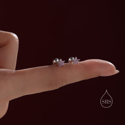 Pink Flower CZ Screw Back Earrings in Sterling Silver, Forget Me Not Floral CZ Earrings, Silver or Gold, Flower CZ Earrings