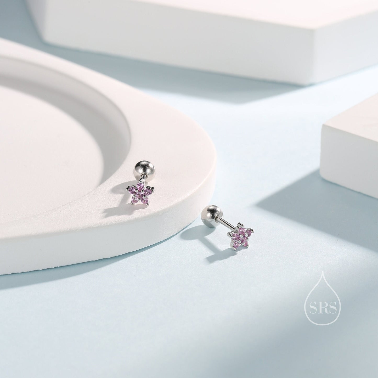 Pink Flower CZ Screw Back Earrings in Sterling Silver, Forget Me Not Floral CZ Earrings, Silver or Gold, Flower CZ Earrings