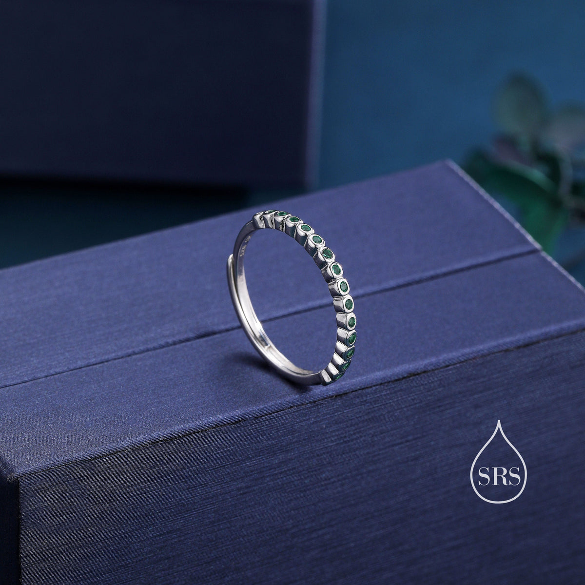 Sterling Silver Emerald Green Delicate CZ Bezel Ring, CZ Half Eternity Ring, Half Infinity Ring, Adjustable Sized Ring, Stacking Rings,