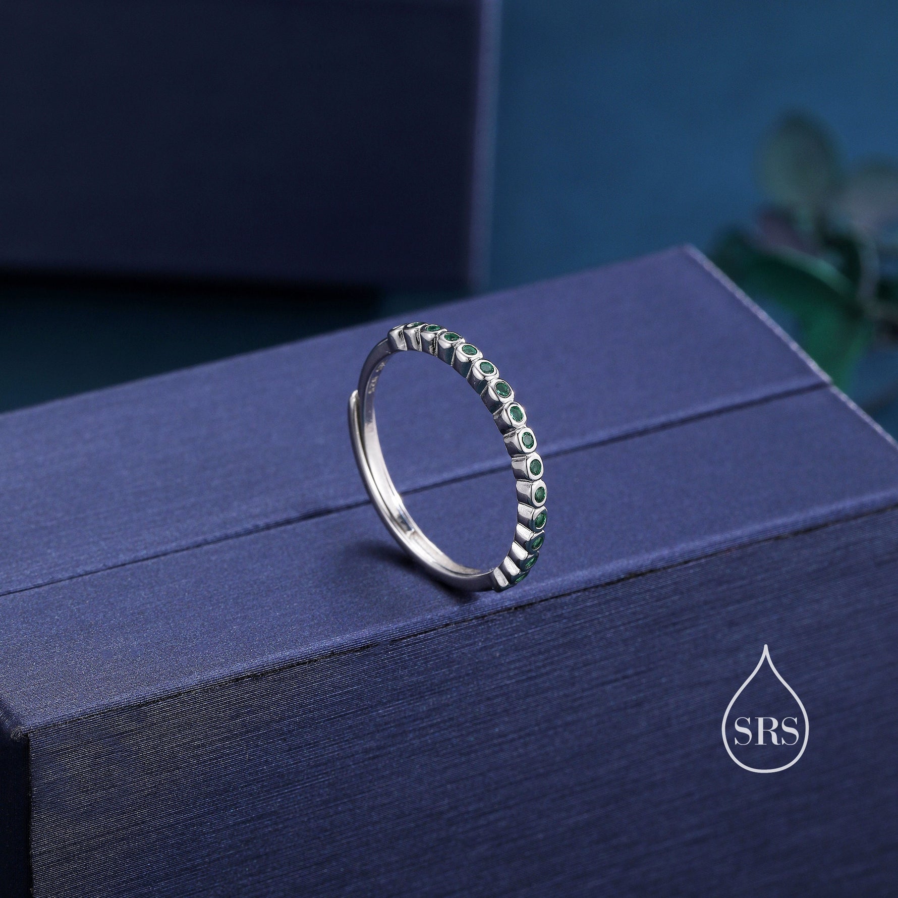 Sterling Silver Emerald Green Delicate CZ Bezel Ring, CZ Half Eternity Ring, Half Infinity Ring, Adjustable Sized Ring, Stacking Rings,