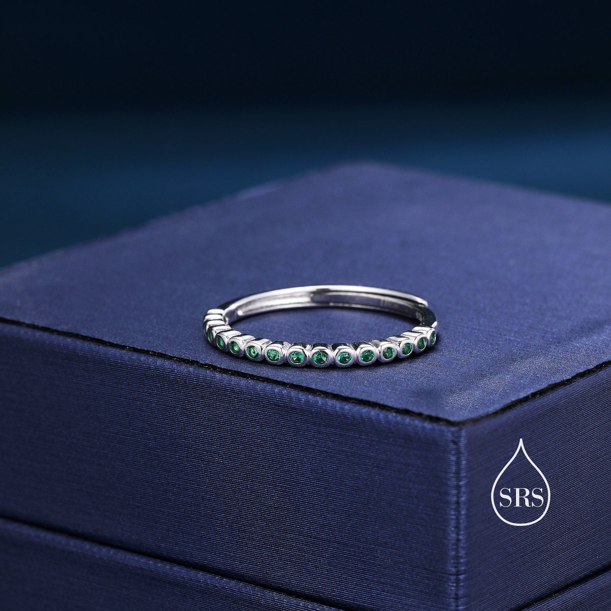 Sterling Silver Emerald Green Delicate CZ Bezel Ring, CZ Half Eternity Ring, Half Infinity Ring, Adjustable Sized Ring, Stacking Rings,