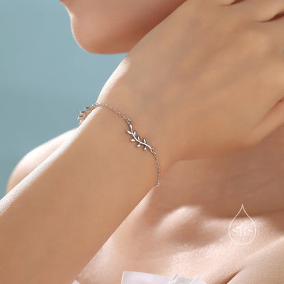 Leaf Motif Bracelet in Sterling Silver, Silver or Gold or Rose gold, Olive Leaf Bracelet, Olive Branch Bracelet